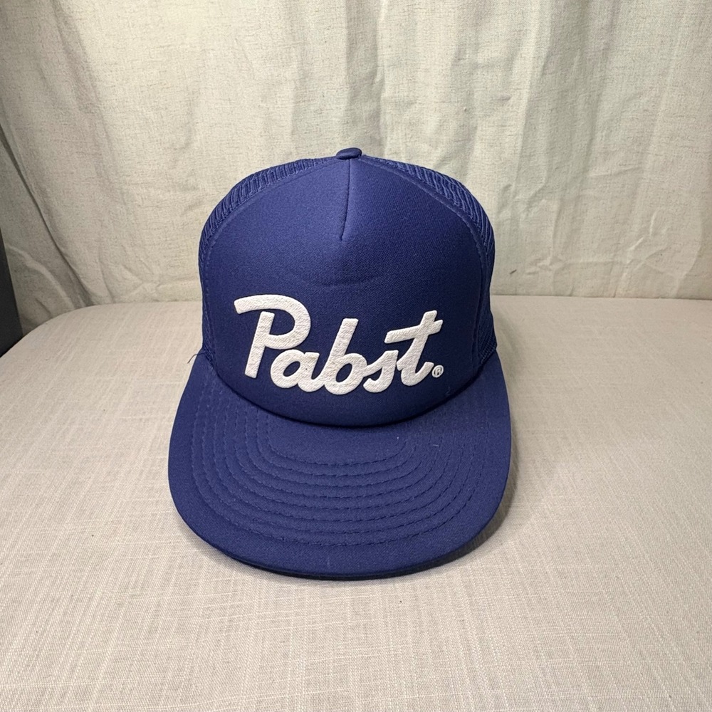 Pabst Blue Ribbon Trucker Hat Navy Blue White Logo Snapback Mesh Cap Speedway